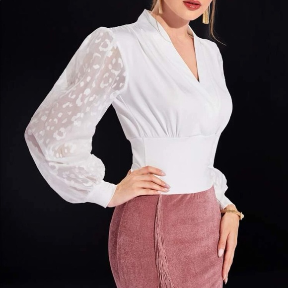 Elegant Classic Office Work White Sheer Leopard Print Bishop Sleeve Top Blouse - Picture 5 of 5